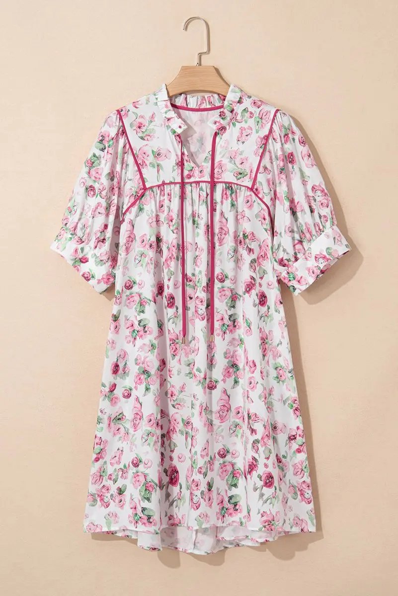 Pink Floral Split Neck Short Sleeve Loose Plus Size Mini Dress - Love Salve
